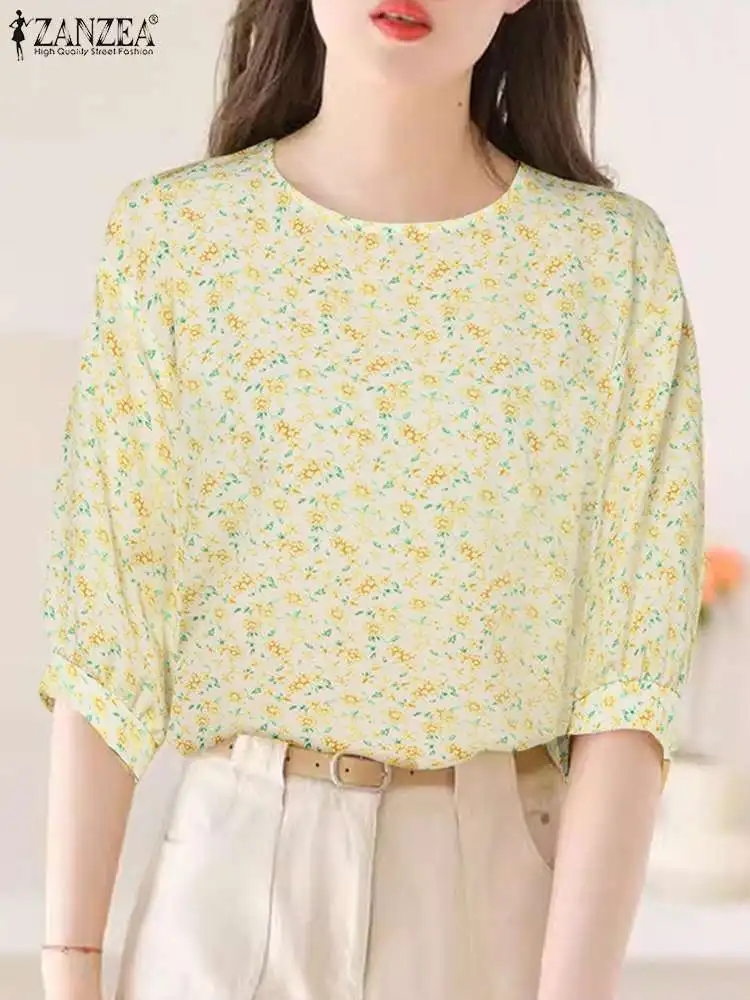 ZANZEA Women Floral Print Blouse Korean Fashion Half Sleeve Tops 2024 Summer Round Neck Tunic Holiday Casual Shirts Oversized