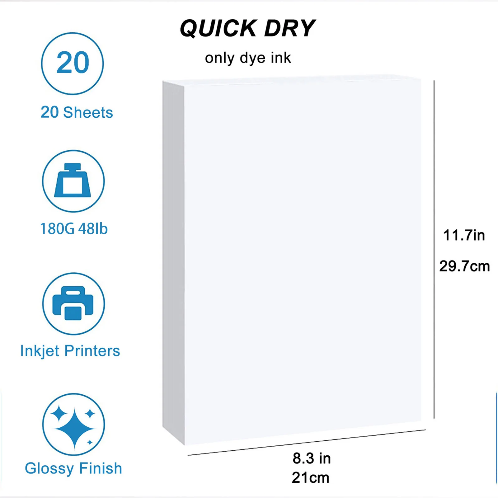 20 hojas de papel fotográfico de alto brillo, 180Gsm, 48Ib, tamaño A4 (8,3x11,7 pulgadas) para impresora de inyección de tinta