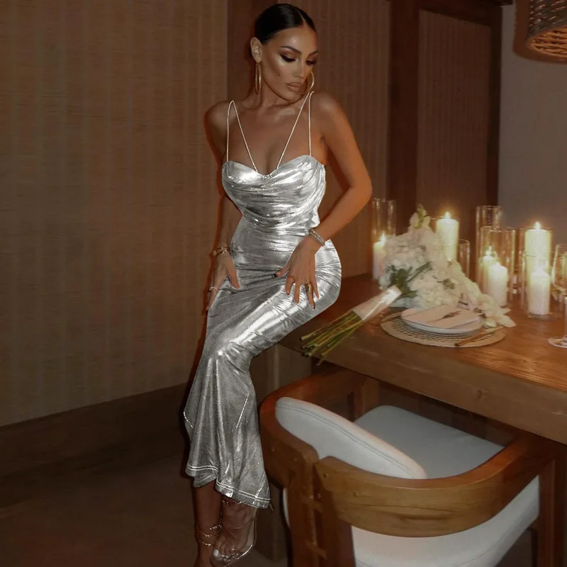 Women's Camisole Dress Low-cut Sexy Off Shoulder Backless Pleated Hip Wrap Long Dress Silver Sexy Party Summer Fashion