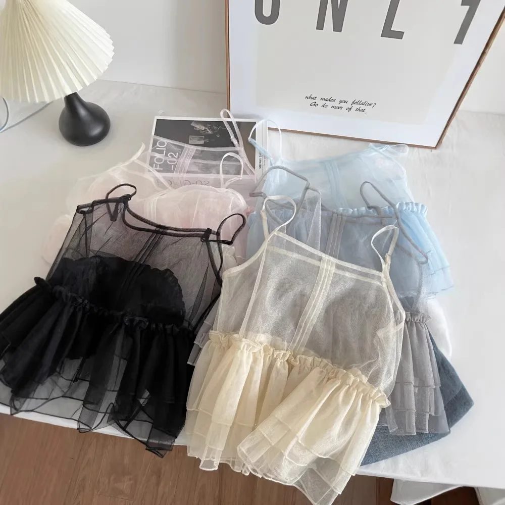 

Ballet Style Lace Mesh Layered Camisole Women Spring Fashion Ruffled Hem Top