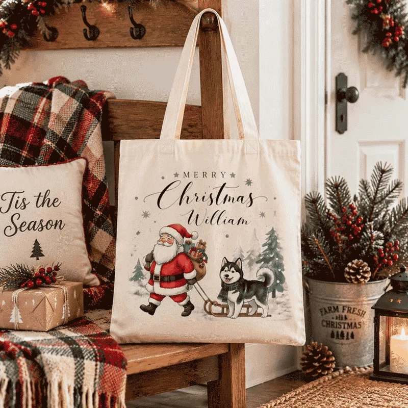 Customizable personalized Christmas tote bag, Santa and dog holiday shopping bag, 