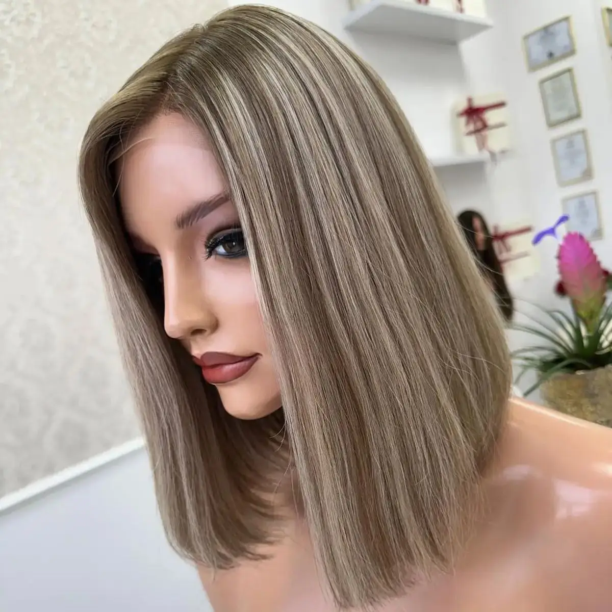 

Free Part Wig Ombre Ash Blonde Highlights Wig Soft Straight Lace Front Wig Synthetic HD Wigs Bleached knots Cosplay Drag Queen