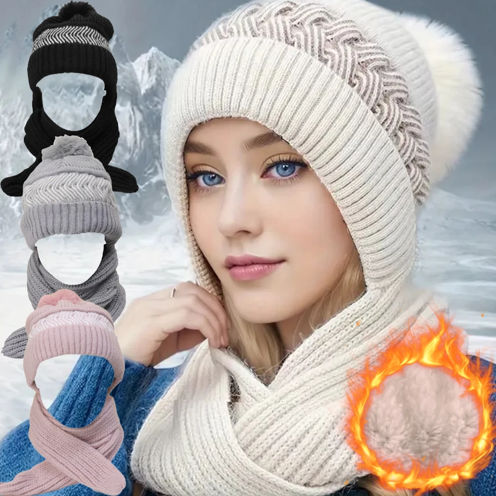 Women's Autumn Winter Warm All-in-One Knitted Hat Scarf Comfortable Windproof Elastic Cycling Earmuffs Warm Hat Soft Neck Cap