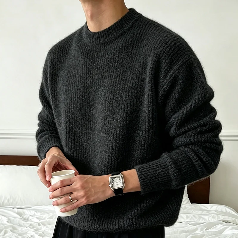 Neuer Herren-Strickpullover in Unifarben für Frühling und Herbst, Lässiger Modischer Pullover mit Gerippter Textur, Langen Ärmeln und Rundhalsausschnitt – Detail 10