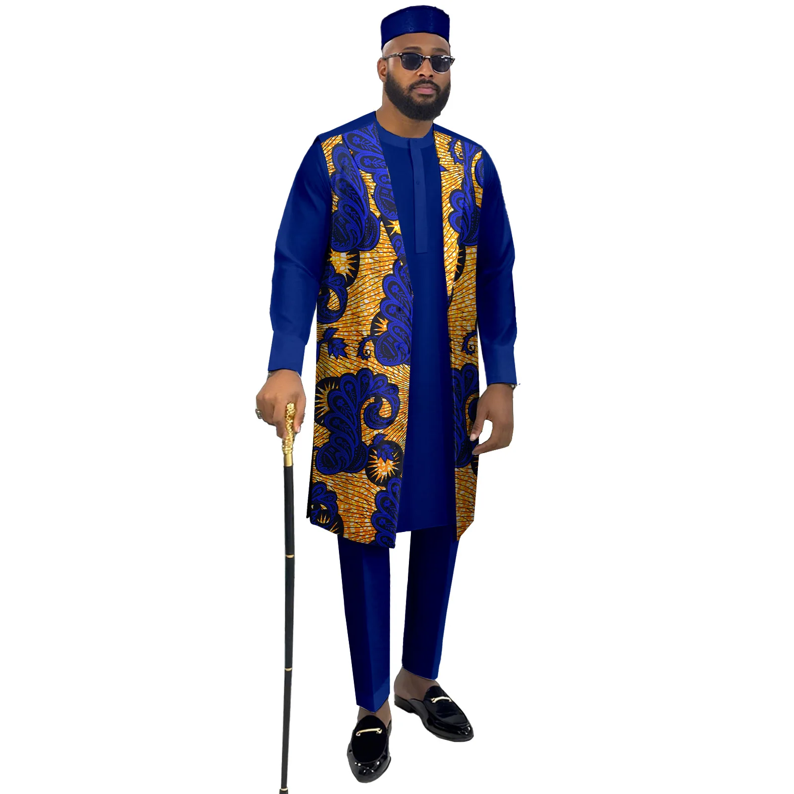 

African Suit for Men Dashiki Kente Print Top Pants Hats 3 Piece Set Ankara Outfits Nigerian Attrie Clothing
