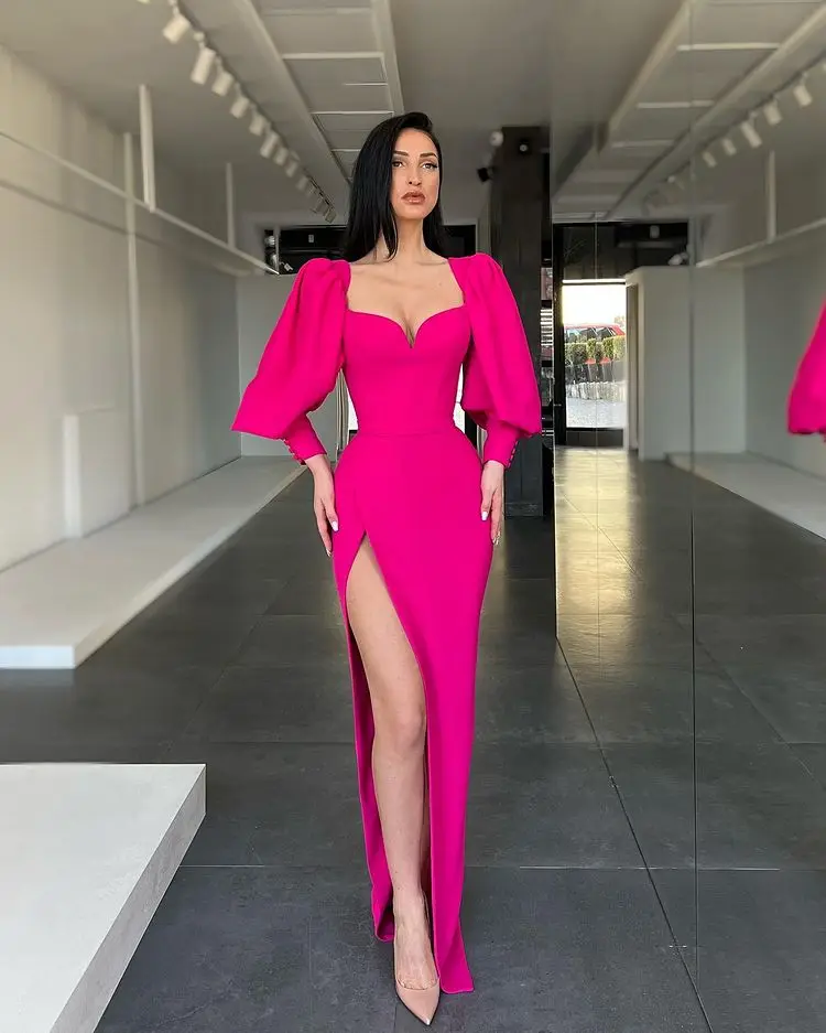 Fuchsia Evening Dresses 2023 Long Satin Puffy Full Sleeves Side Slit Sweetheart Floor Length Mermaid Formal Party Prom Gowns