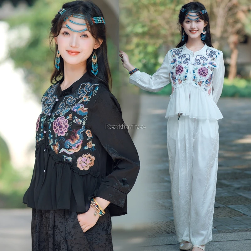 

2024 new chinese national style applique cloth embroidery flower chiffon patchwork top loose women long sleeve casual shirt t001