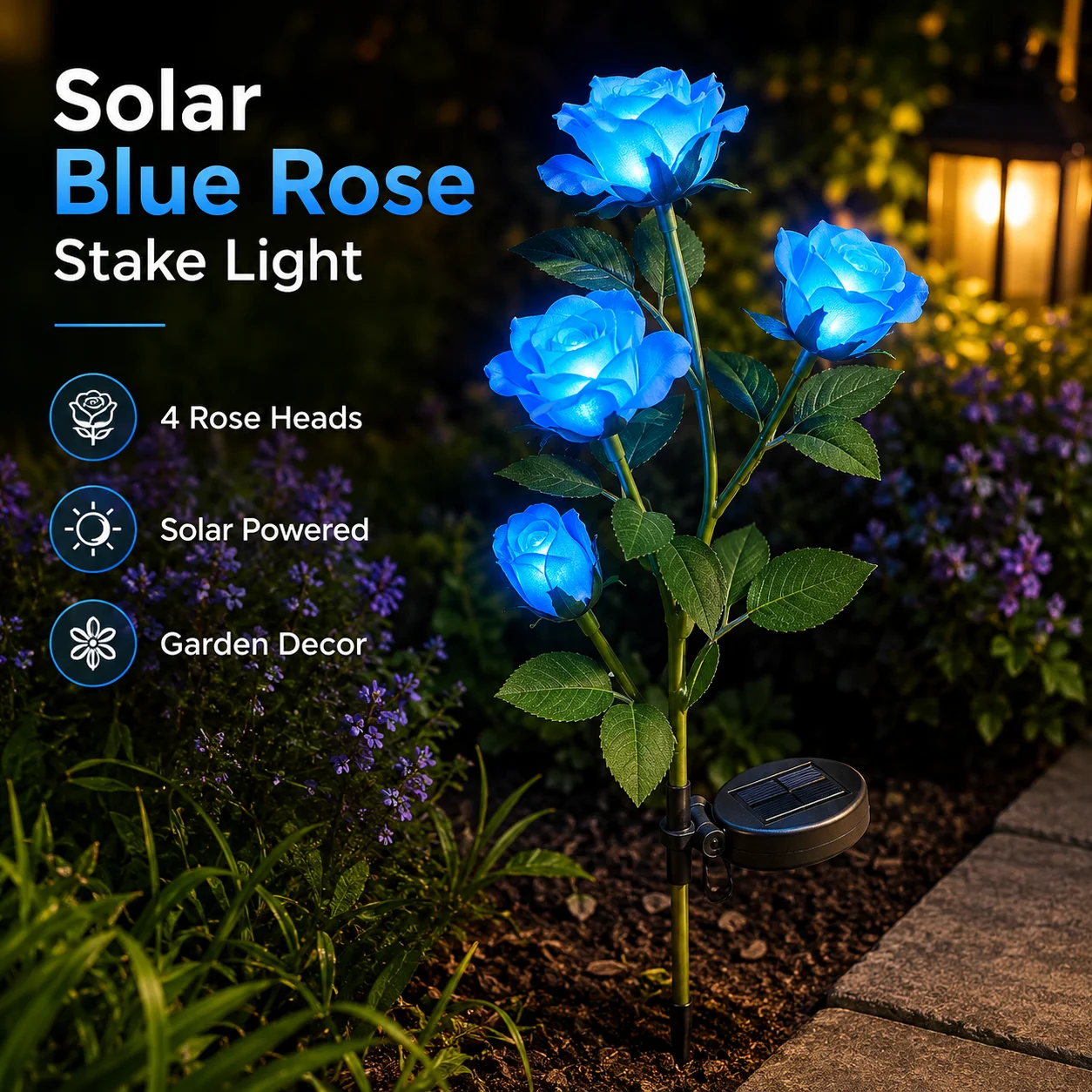 Solar Rose Garden Lights 2 Pack, 4 Heads Yellow Flower Stake Lights Auto On at Night for Yard Patio Pathway Christmas Decor