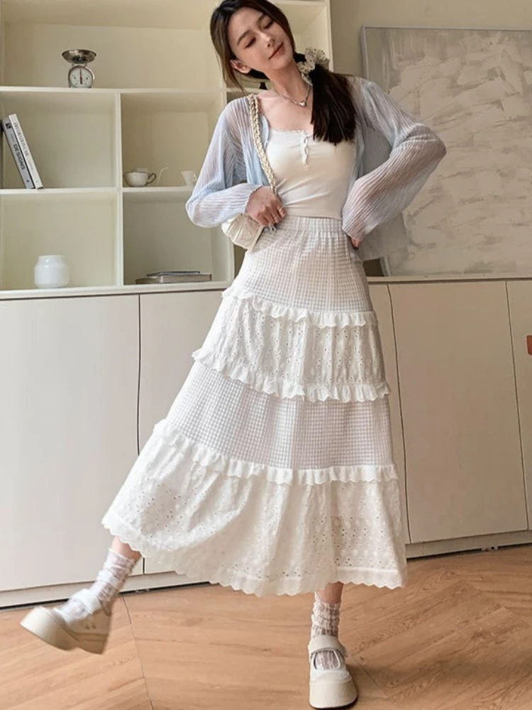 Hollow Out Embroidery Skirt Women's Clothing Patchwork A-line Fashion Saia High Waist Ruffled Skirts 2026 Faldas Mujer De Moda