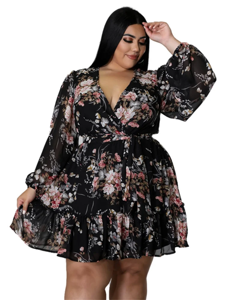 Wmstar Plus Size Dresses for Women 5xl Sexy Party Flower Print Long Sleeve New in Mini Dress Loose Elegant Casual Outfits