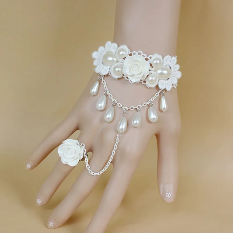 Lolita-pulsera de encaje de princesa, anillo de pulsera de perlas, lazo de flor rosa, accesorios dulces