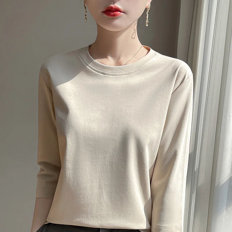 Summer Cotton Short-Sleeved T-Shirt Women's Round Neck Seven-Point Sleeves Loose Mercerized Cotton Half-Sleeve Shirt New T-shirt image 5