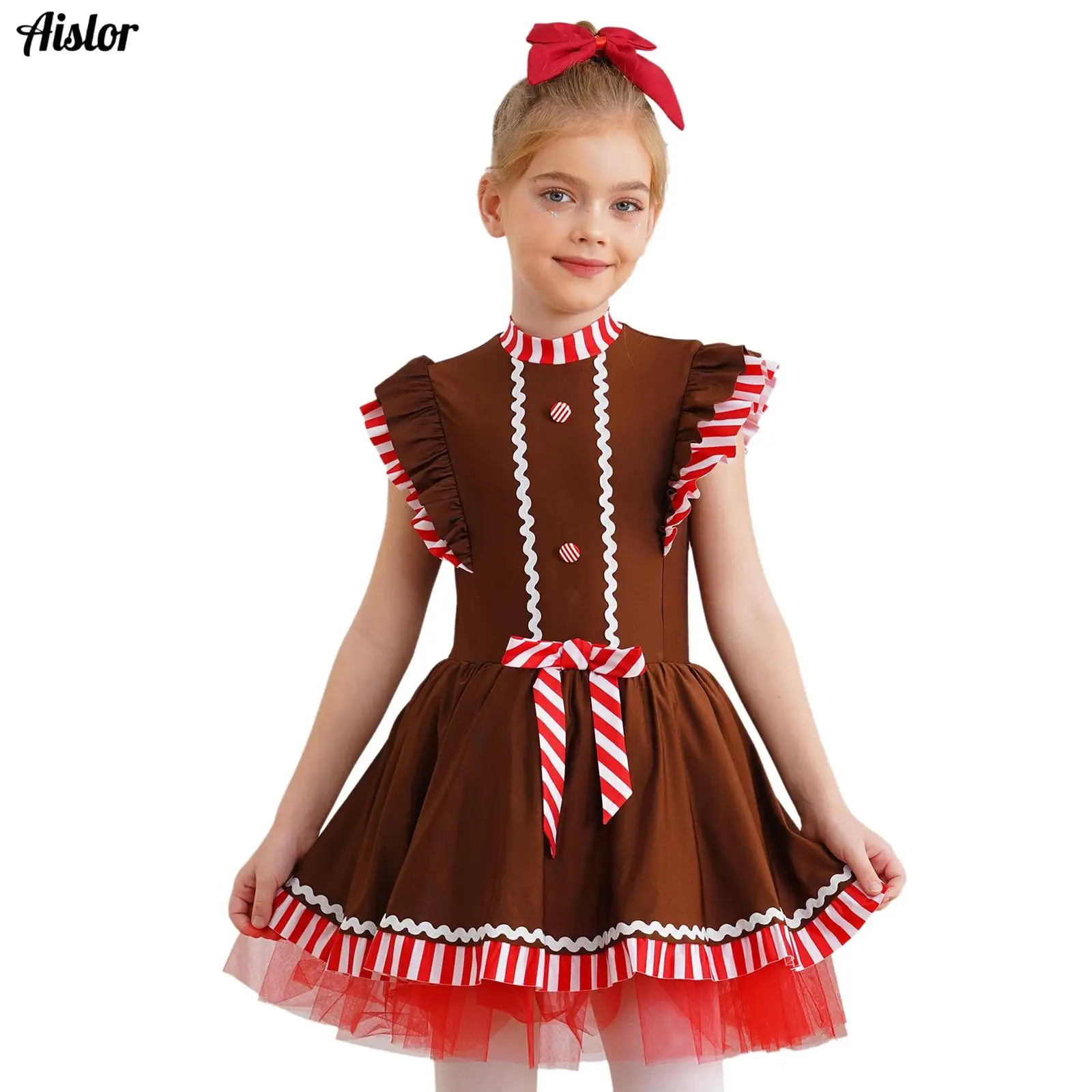 

Girls Christmas Gingerbread Man Costume Candy Cane Party Dress Up Costume Flying Sleeve Stripes Tutu Dress Ballet Dance Dress