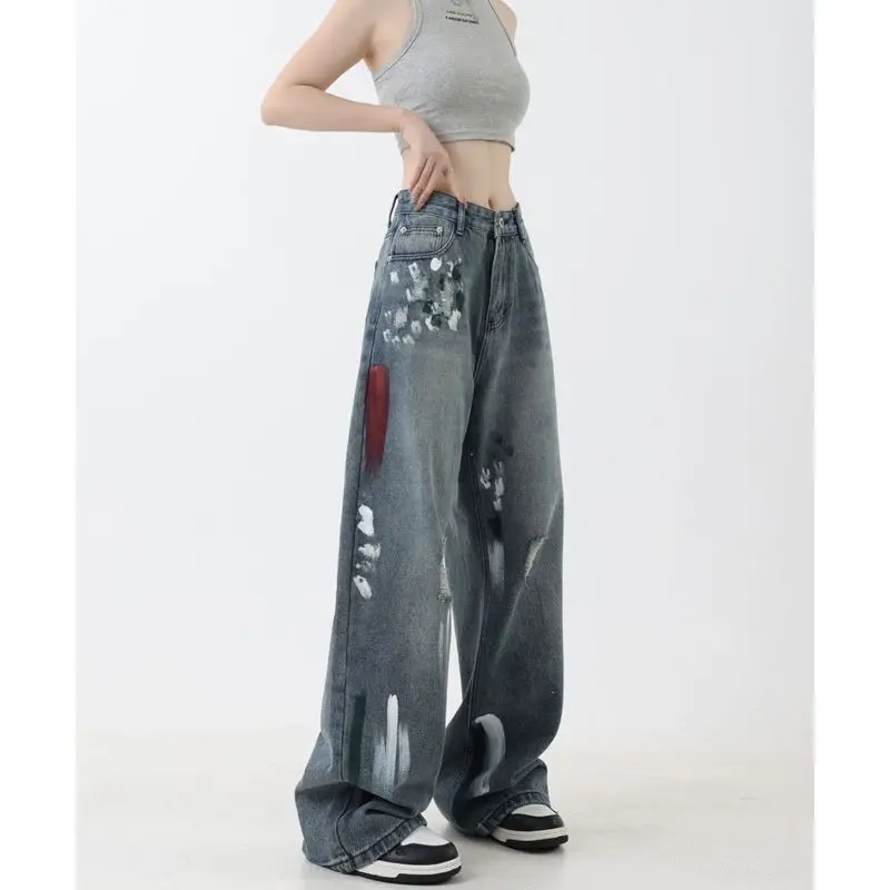 MiiiiX American Retro High Street Ripped Jeans Women Long Pants Autumn 2024 New Loose Graffiti Print Straight Wide Leg Trousers