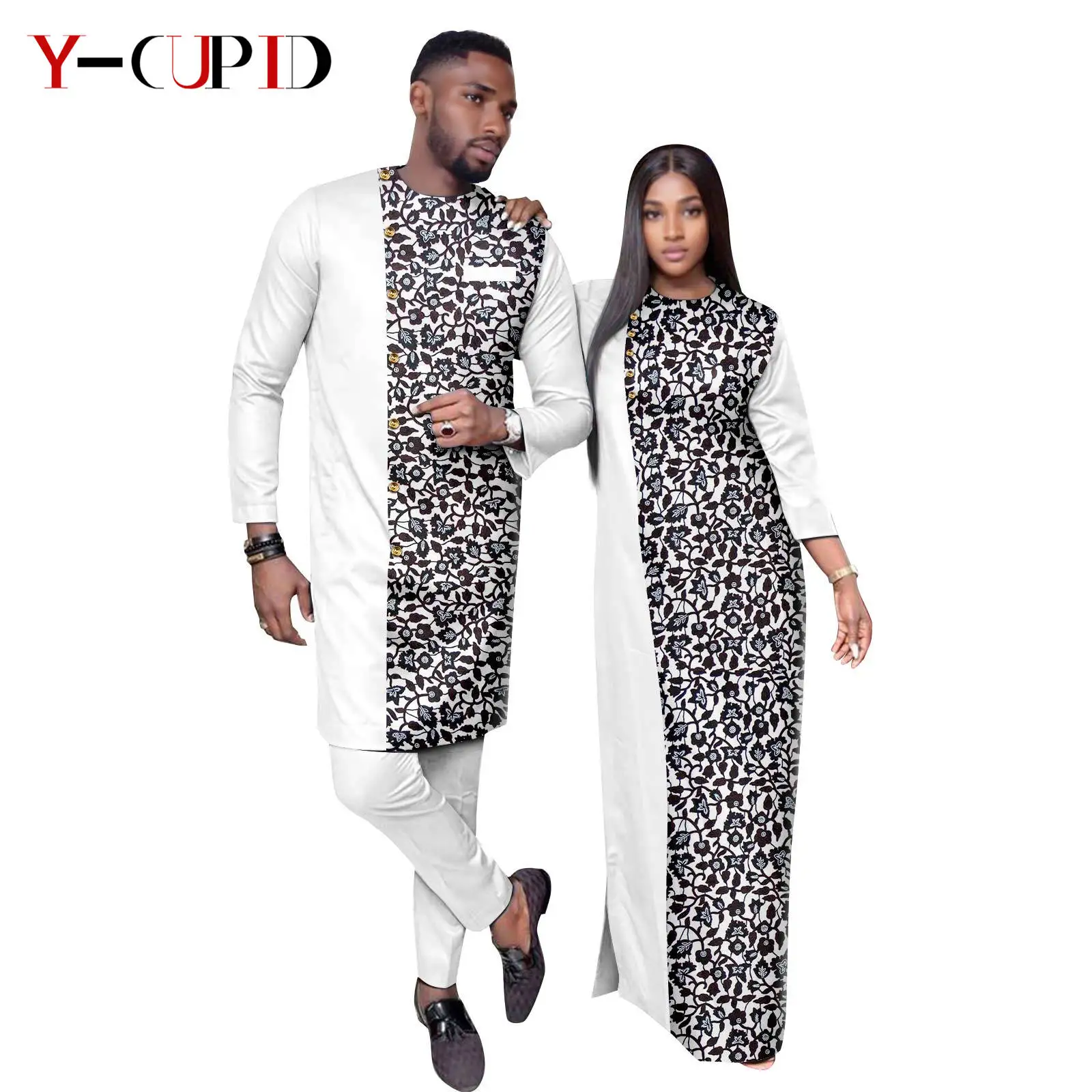 African Loose Long Dresses for Women Matching Couple Men Outfits Bazin Riche Dashiki Ladies Print Dresses Wedding Party 24C037