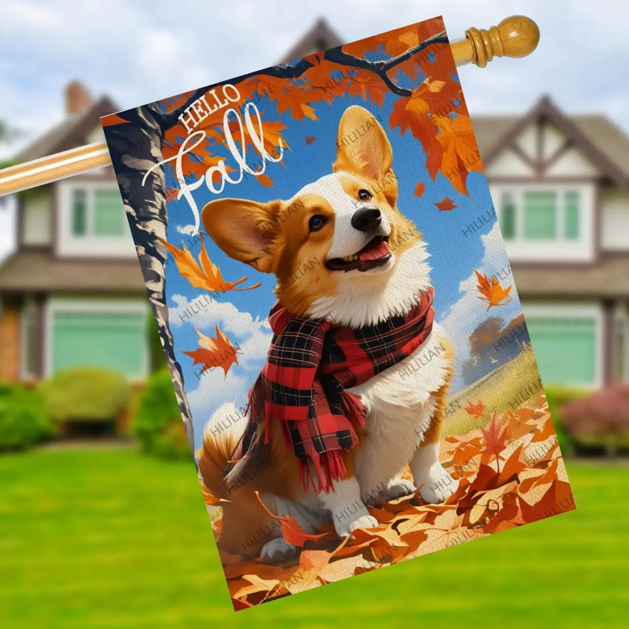 Hello Fall Garden Flag 28x40 Double Sided, Corgi Dog Garden Flag Maple Leaves Fall Thanksgiving Outside Outdoor House Yard D uui