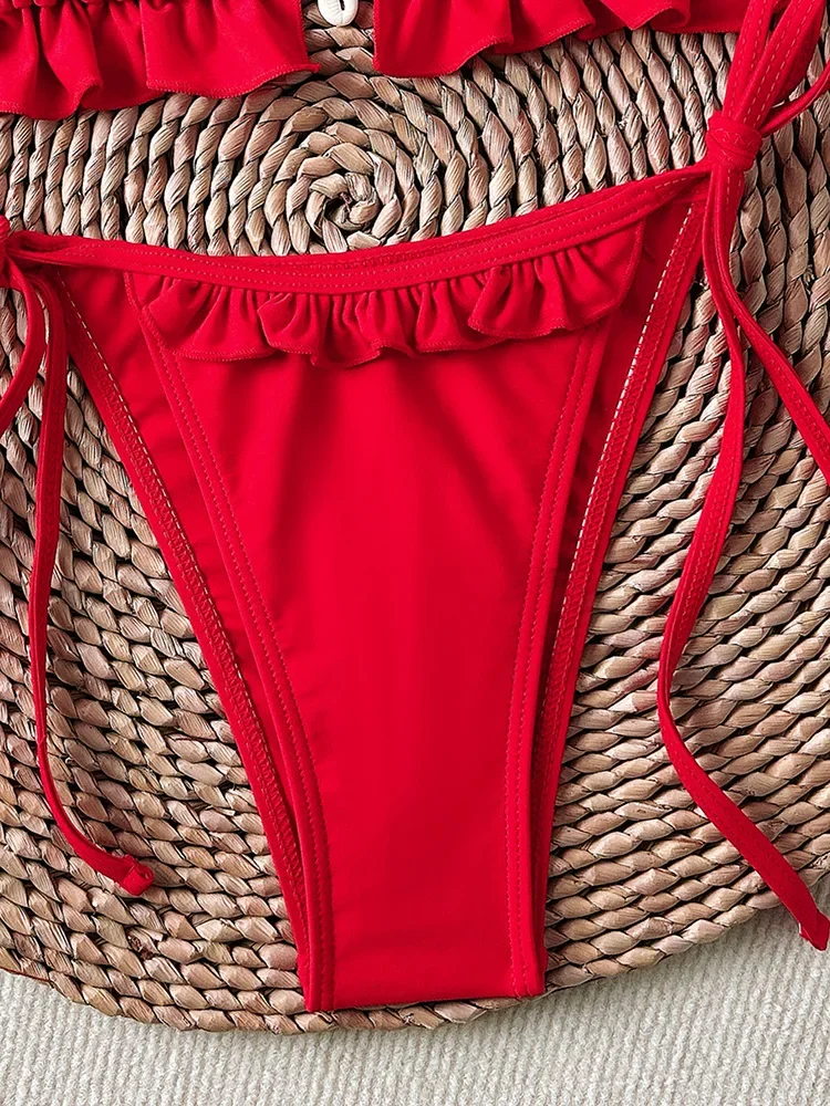 Ruffle Bikini Set Women Sexy Swimsuit Two-Piece Heart Hollow Out Backless Female Swimwear Bathing 2025 Fashion Beachwear