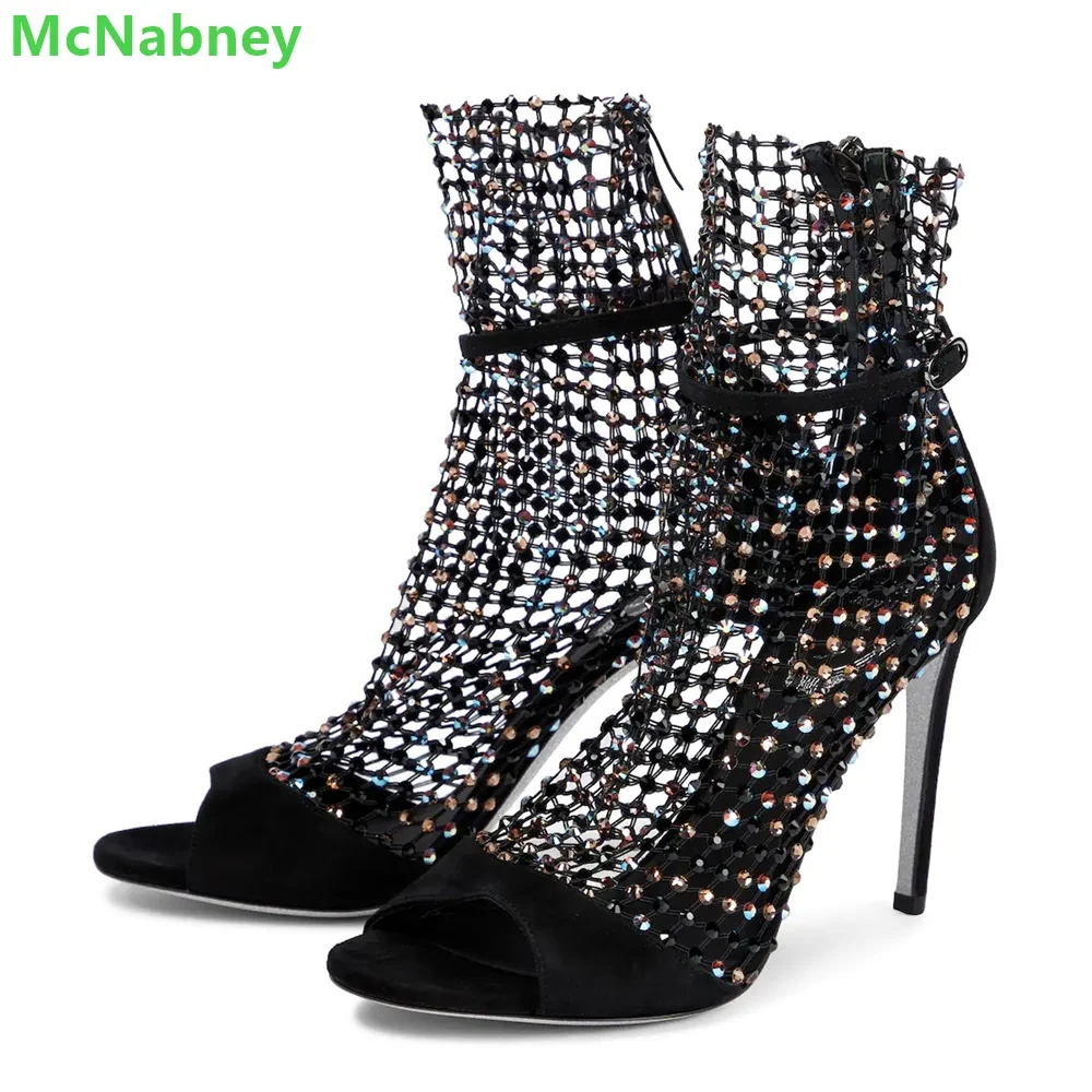 Mesh Gleaming Crystals Hollow Boots For Women Luxury Designer Back Zipper Peep Toe Thin High Heel Solid Fashion Summer Shoes