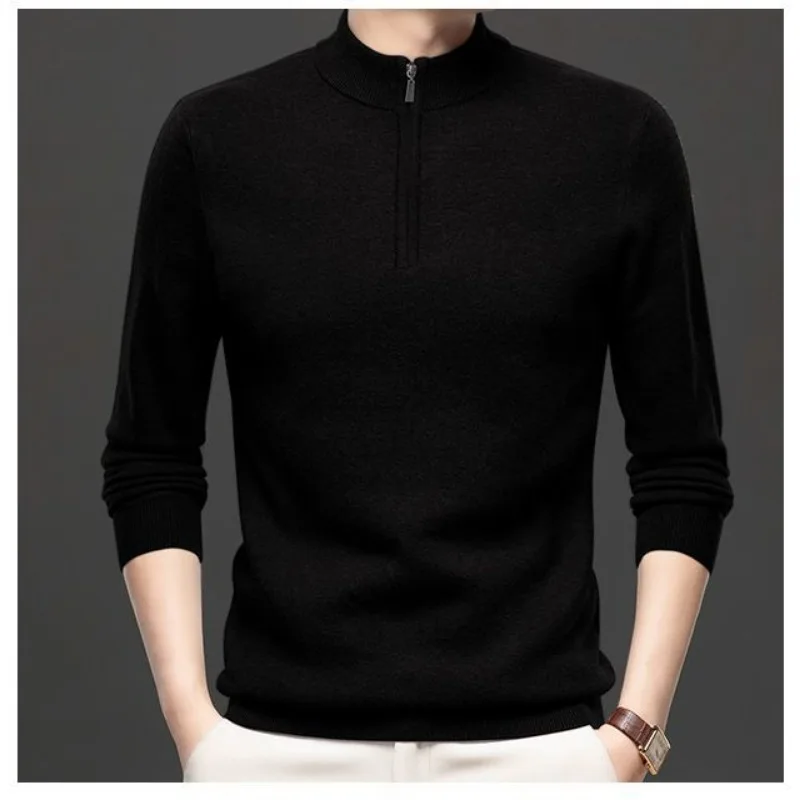 Cardigan Sweater Autumn Winter Men's Thickened Warm Half Turtleneck Sweater Middle-aged New Zipper Loose Knitted Bottoming
