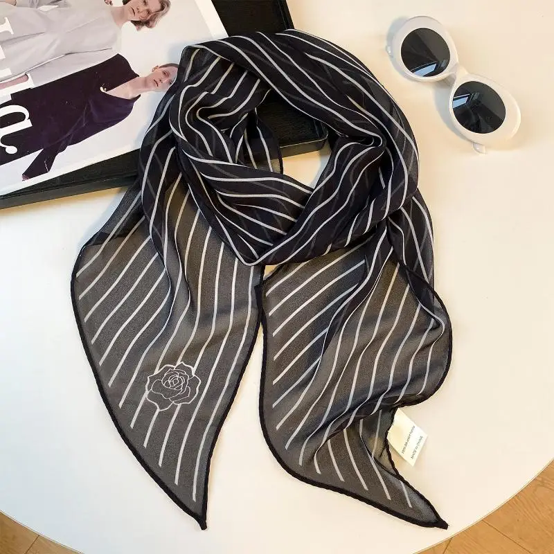 Vintage Seidenschal für Damen, gestreift, doppelseitig, eleganter Druck, Halstuch, modisches Büro-Accessoire für alle Jahreszeiten – Detail 12