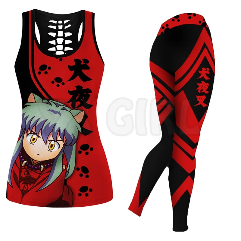 Inuyasha-Camiseta sin mangas con estampado 3D para mujer, conjunto de mallas para Yoga y Fitness