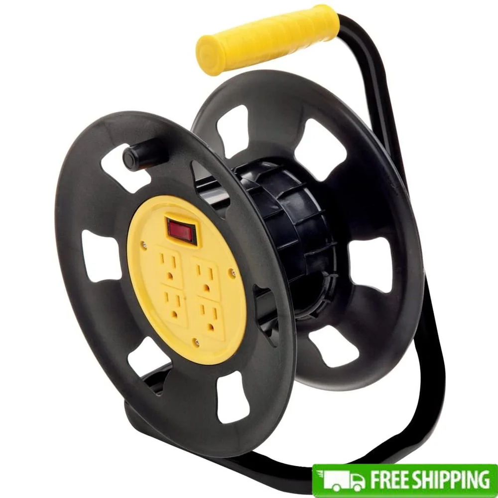 Extension Cord Storage Reel & Organizer Black/Yellow Holds 50-90ft Cords Grounded Outlets UL Listed Built-in Circuit Breaker