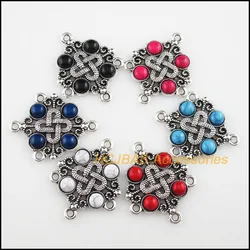 Fashion 6Pcs Tibetan Silver Plated Knot Mixed Acrylic Charms Flowers Connectors 30x37mm