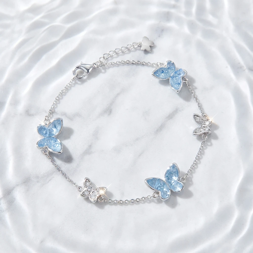 Boho Sommer Strand Exquisites Schmetterlings-Armband für Frauen und Teenager Romantischer Ozeanblauer Kristall-Charm Armreif Urlaubs-Schmuck Geschenk – Detail 5