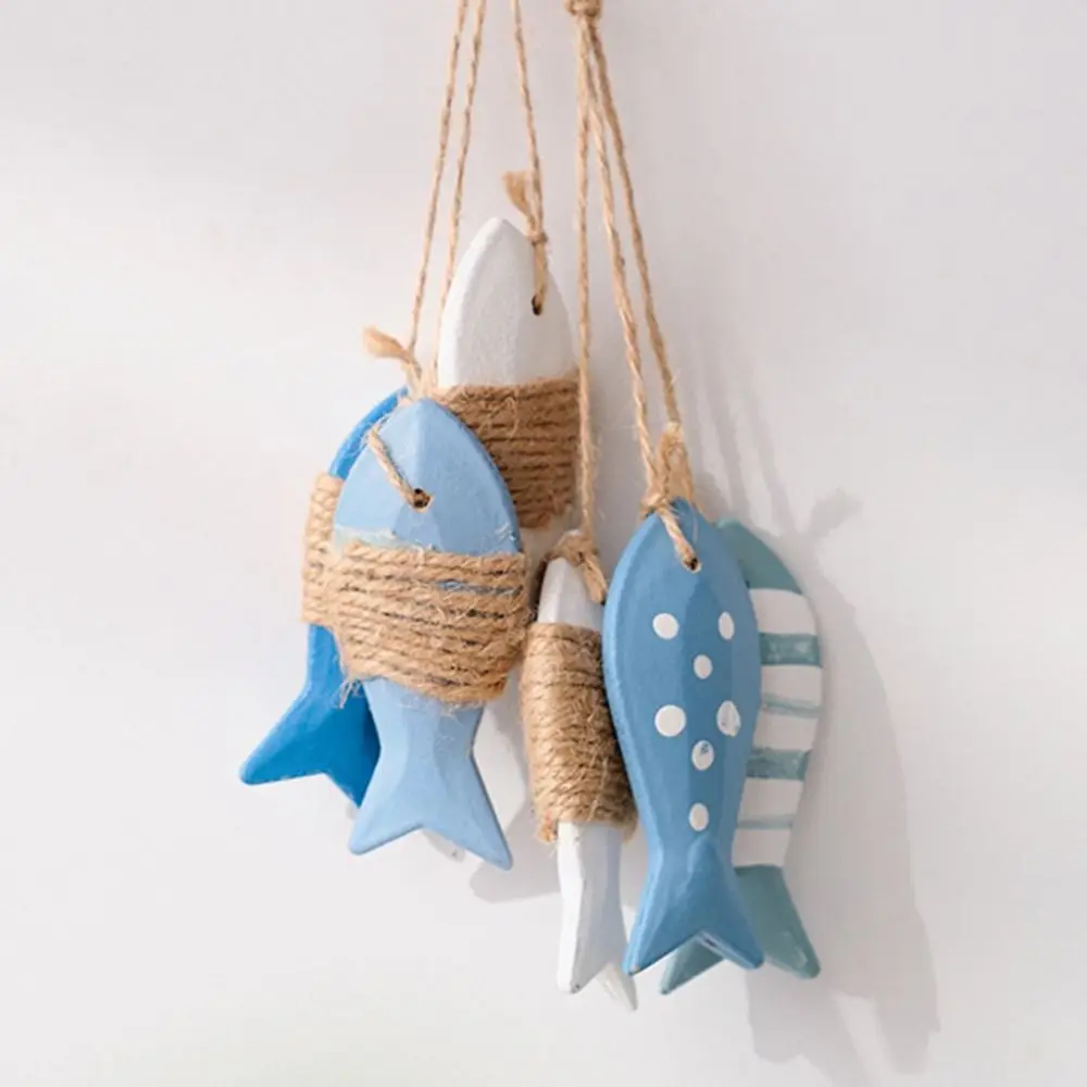 Creative Mediterranean Fish Pendant Wooden Carving Figurine Ocean Theme Accessories Shell Wall Hanging Decoration Living Room