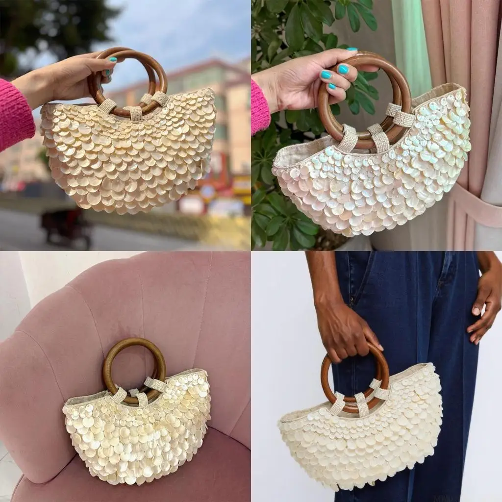 

X90D Ручная ручная сумка Shell Beach Sag с деревянной ручкой богемной каникулы для женщин для женщин Летние путешествия и