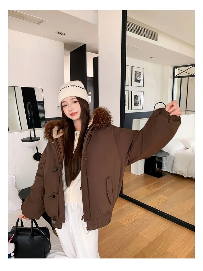 Warm Down jacket Ladies Pai Overcome Winter 2026 New Cotton Padded Coat Women Parkas Horn Hooded Outcoat Big fur collar Overcoat