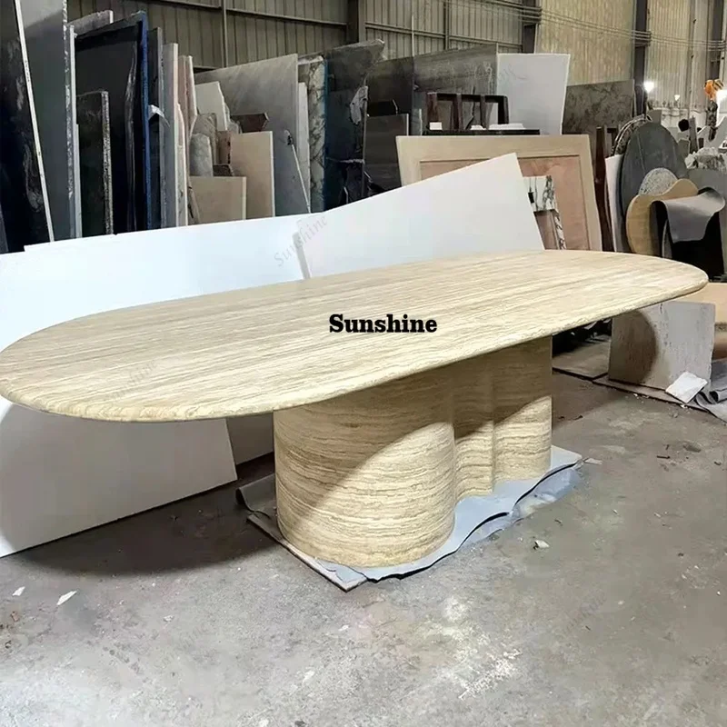 

8-Seater Natural Travertine Rectangle Dining Table in Wabi-Sabi Style for Conference Use