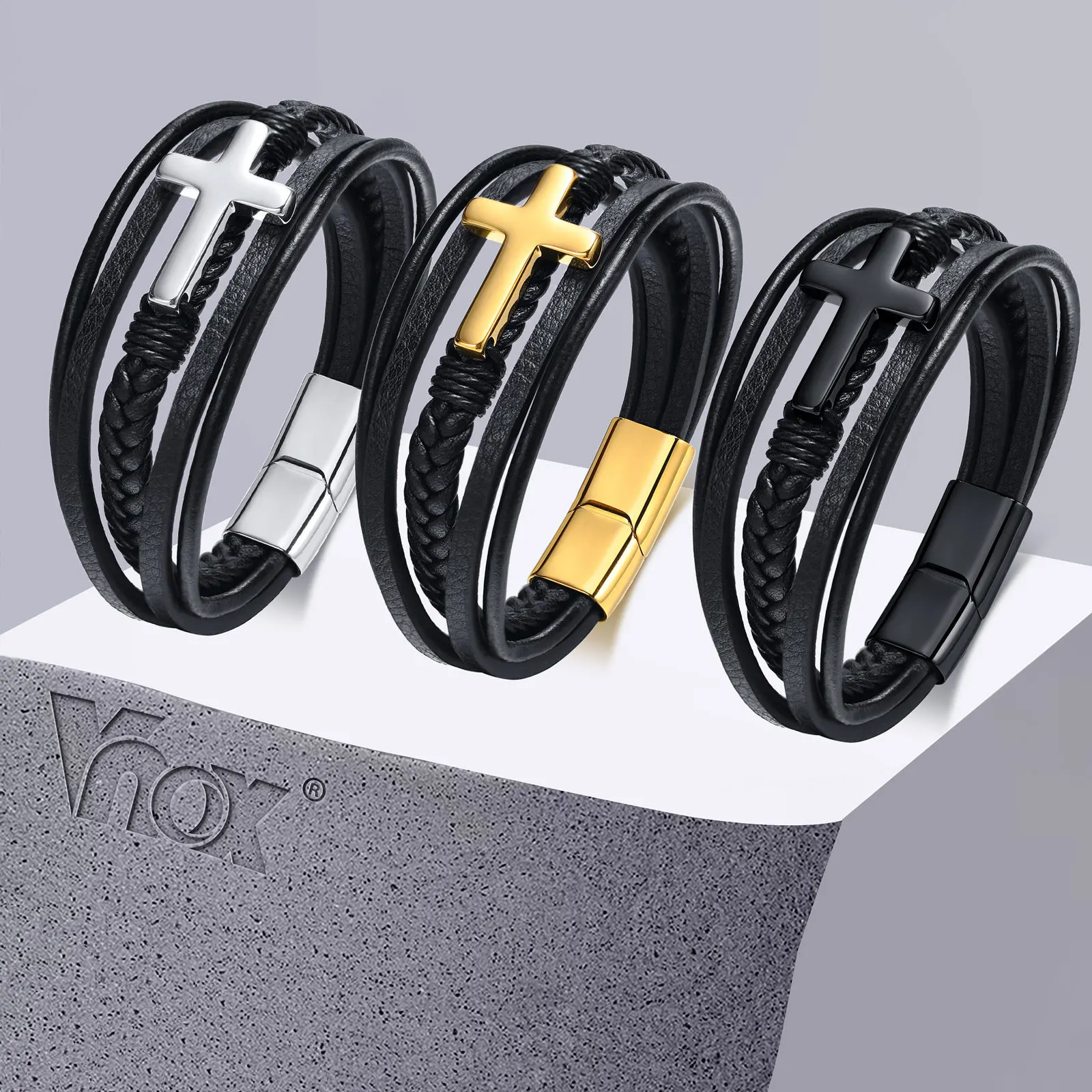 Vnox Cross Bracelets for Men, Black Braide Leather with Cross Charm Bangle, Casual Layered Christ Faith Wristband