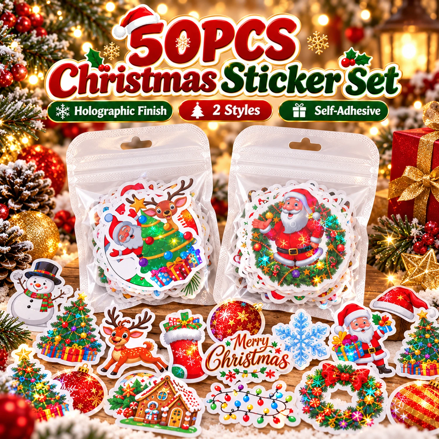 50pcs Holographic Christmas Stickers, Two Types Of Cute-style Sets Decals For Gift Wrap Journal Envelope Xmas Home Party Decor