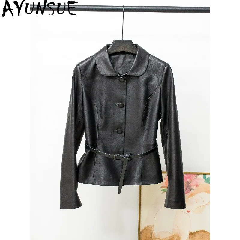 AYUNSUE Oil-wax Sheepskin Women's Jackets Short Fashion Leather Jacket with Cowhide Belt Motorcycle Black Tops Woman Clothes