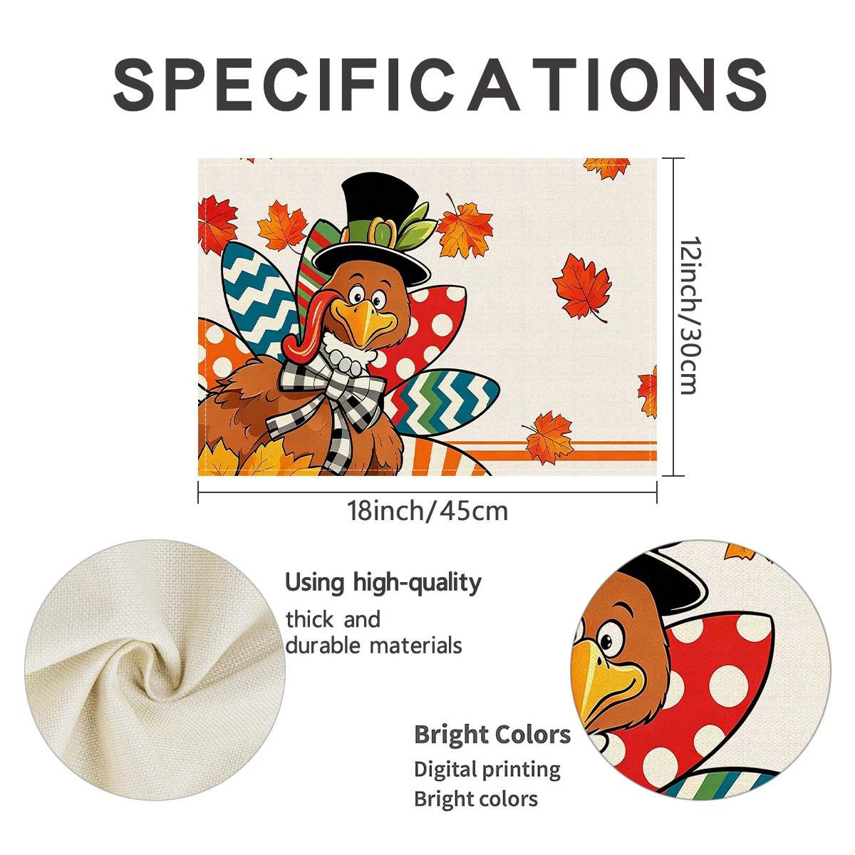4/6pcs autumn cartoon turkey pumpkin printed placemat, non slip, heat-insulating, durable, autumn Thanksgiving table decoration