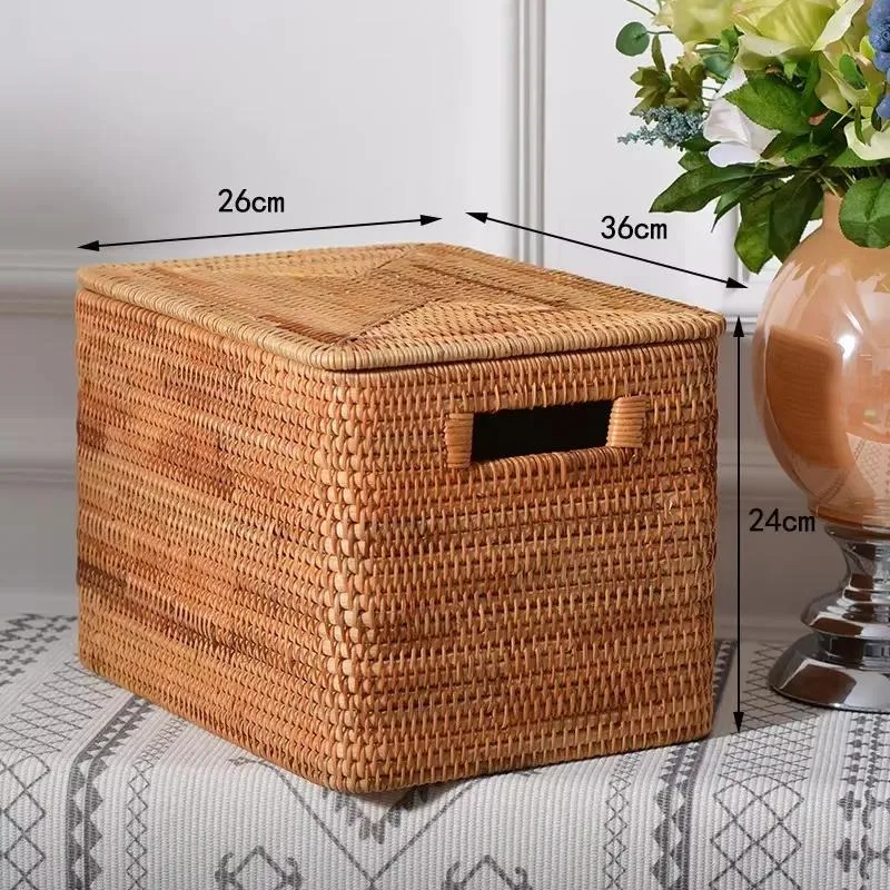 Brown rattan storage basket with lid Handmade rectangular woven rattan basket with lid and wicker basket Home cloth