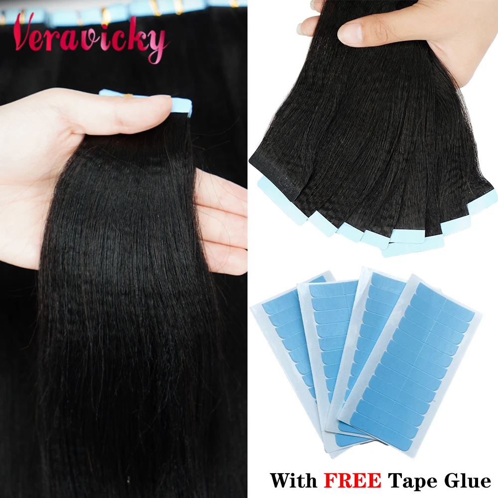 

Veravicky Light Yaki Tape In Extensions Natural Remy Human Hair 14-24 inch 20pcs 50g Coarse Virgin Silk Pressed Yaki Straight