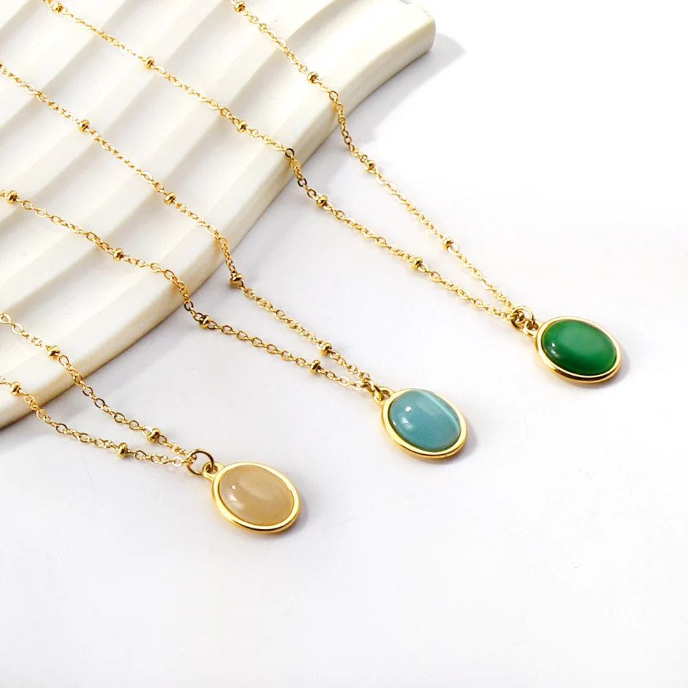 LUXUSTEEL Oval Green Blue Crystal Natural Stone Pendant Necklace For Women Gold Plated Stainless Steel Beads Rolo Chain Collar