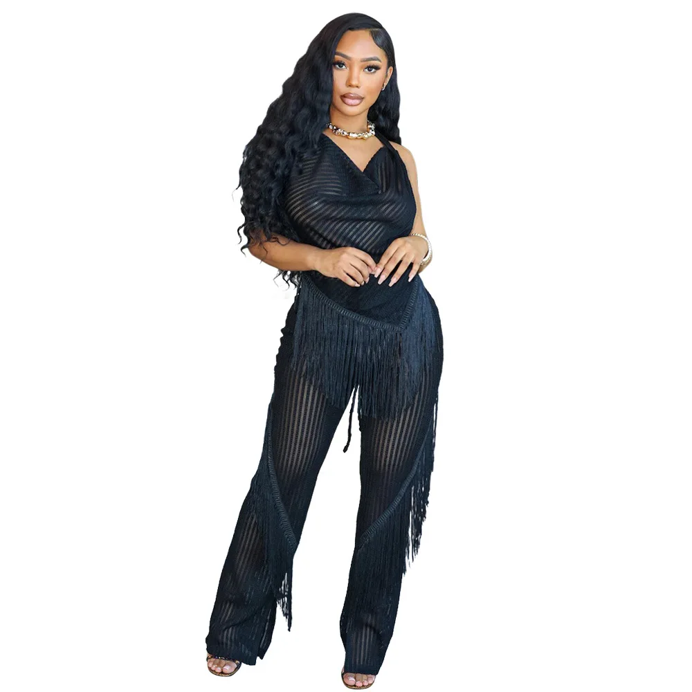 ชุดสตรีพร้อมเน็คไทคอ เสื้อแขนกุดเว้าหลัง และกางเกงทรงหลวมทรงเข้ารูป ชุดสองชิ้นพู่เซ็กซี่ 2025