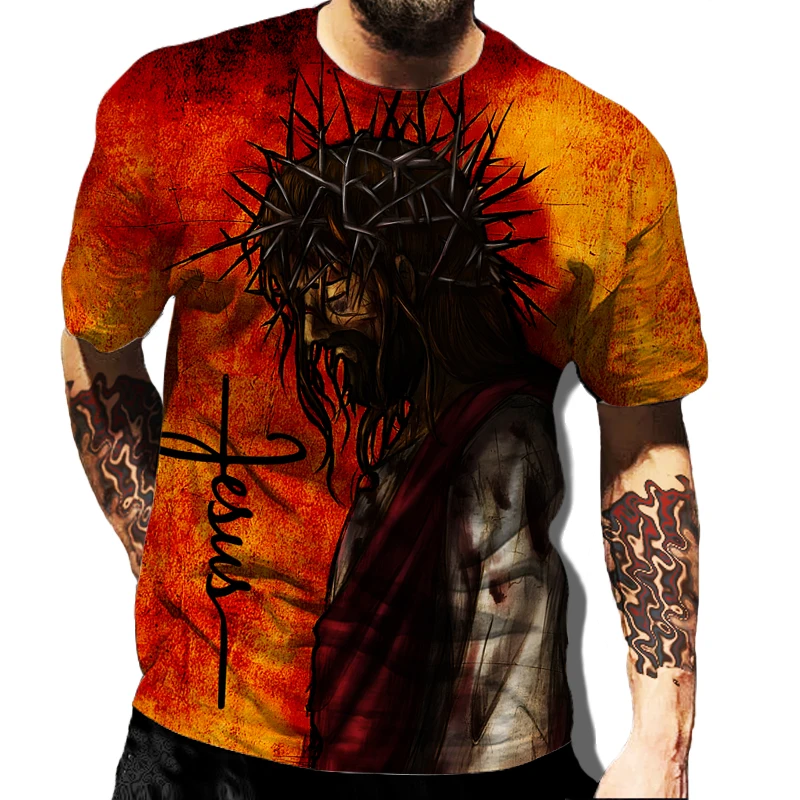 Retro Jesus Christ 3D Print Red T-shirts For Men O-Neck Clothing Summer Fashion Casual Short Sleeve Cool T Shirt Hip-Hop Tops