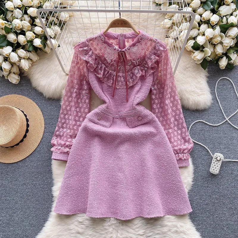 

Luxury Beaded Women Sweet Mini Dresses Spring Designer Fashion Embroidery Long Sleeve Mesh Patchwork Tweed Vestidos