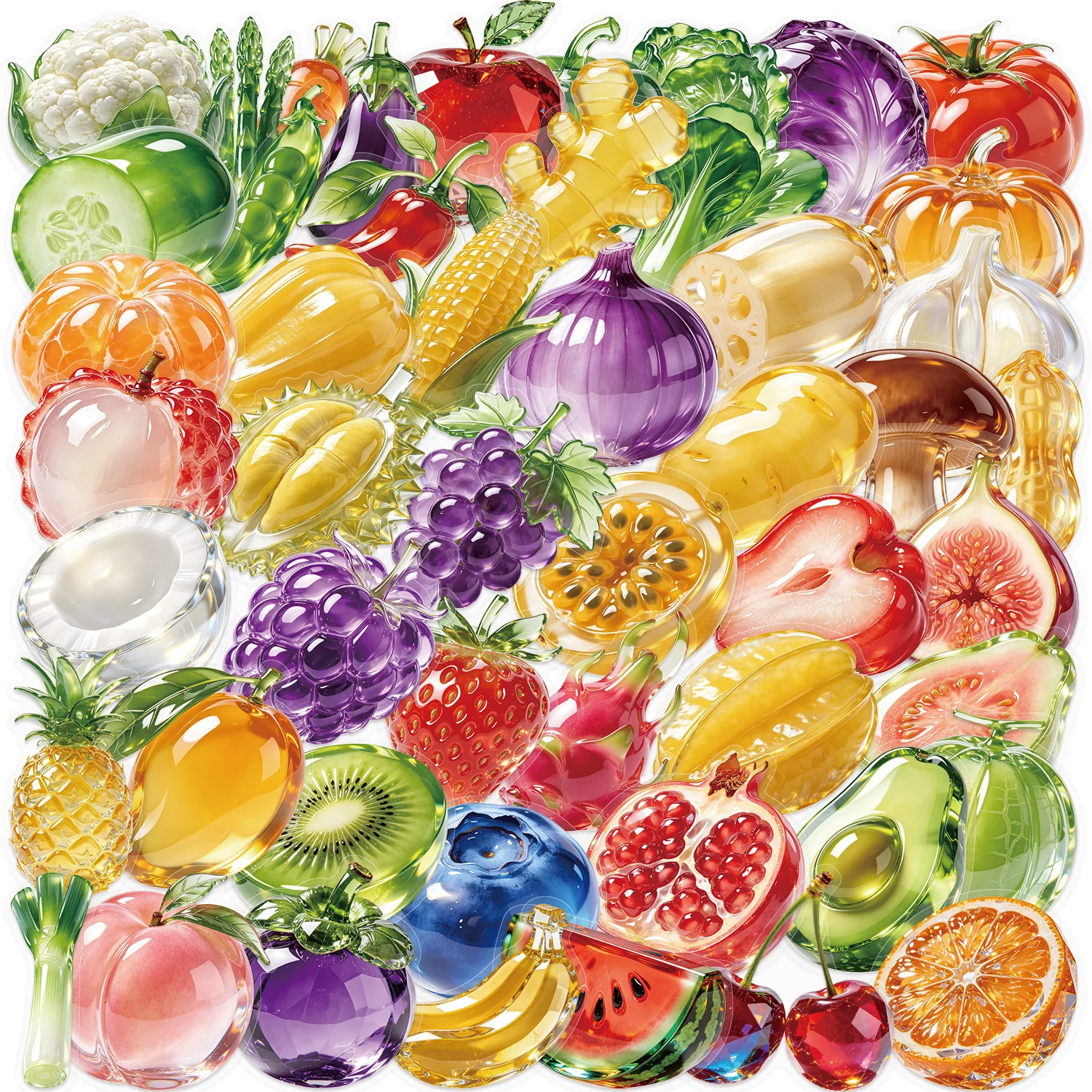 50 PCS Cartoon Exquisite Glass Fruit Vegetable Stickers Waterproof Transparent DIY Material Decorate Lunch Box Fridge Decals