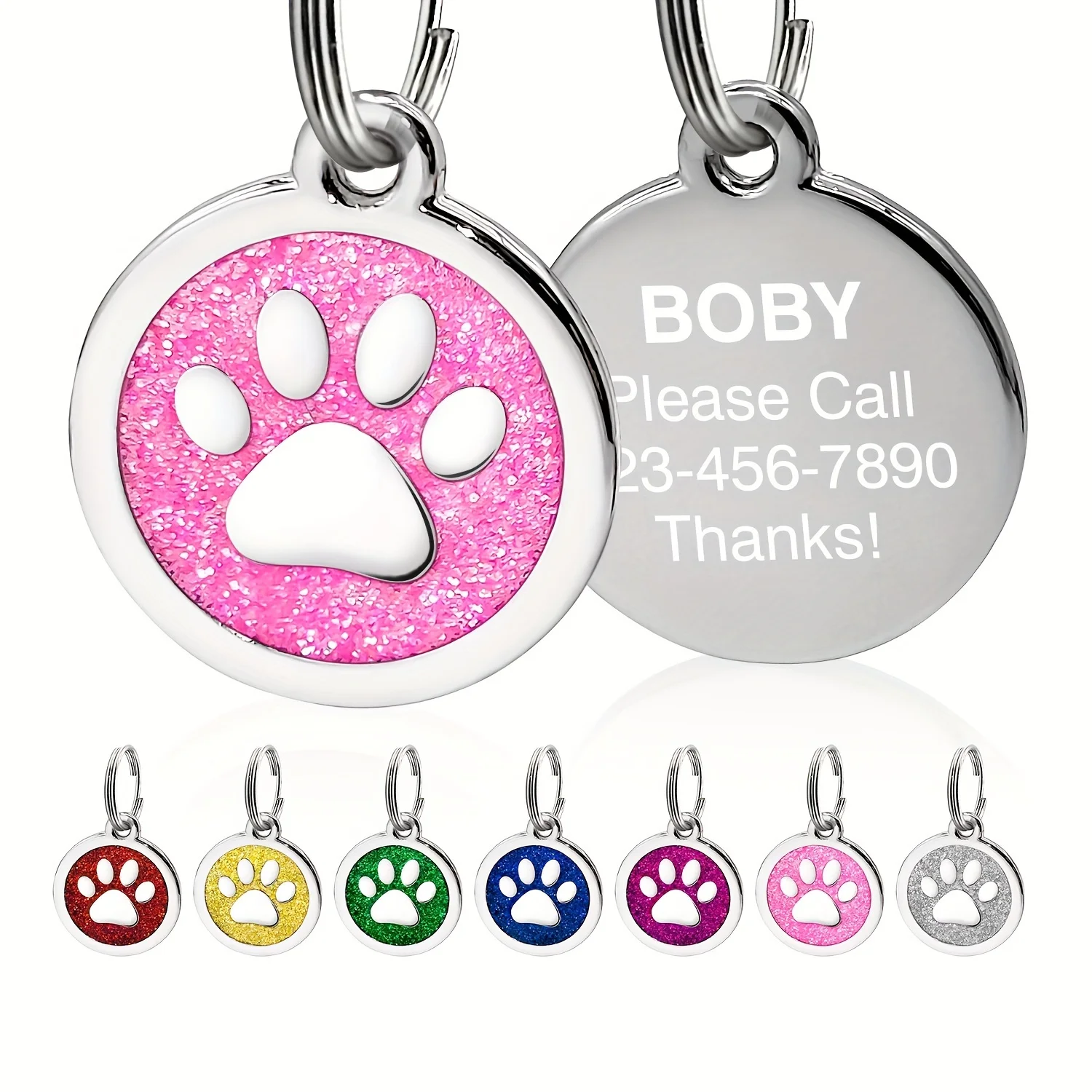 Customized Name Round Claw Glitter Dog Tag-Total Engraving Name Address Kitten Puppy Accessories Personalized Cat Necklace Chain