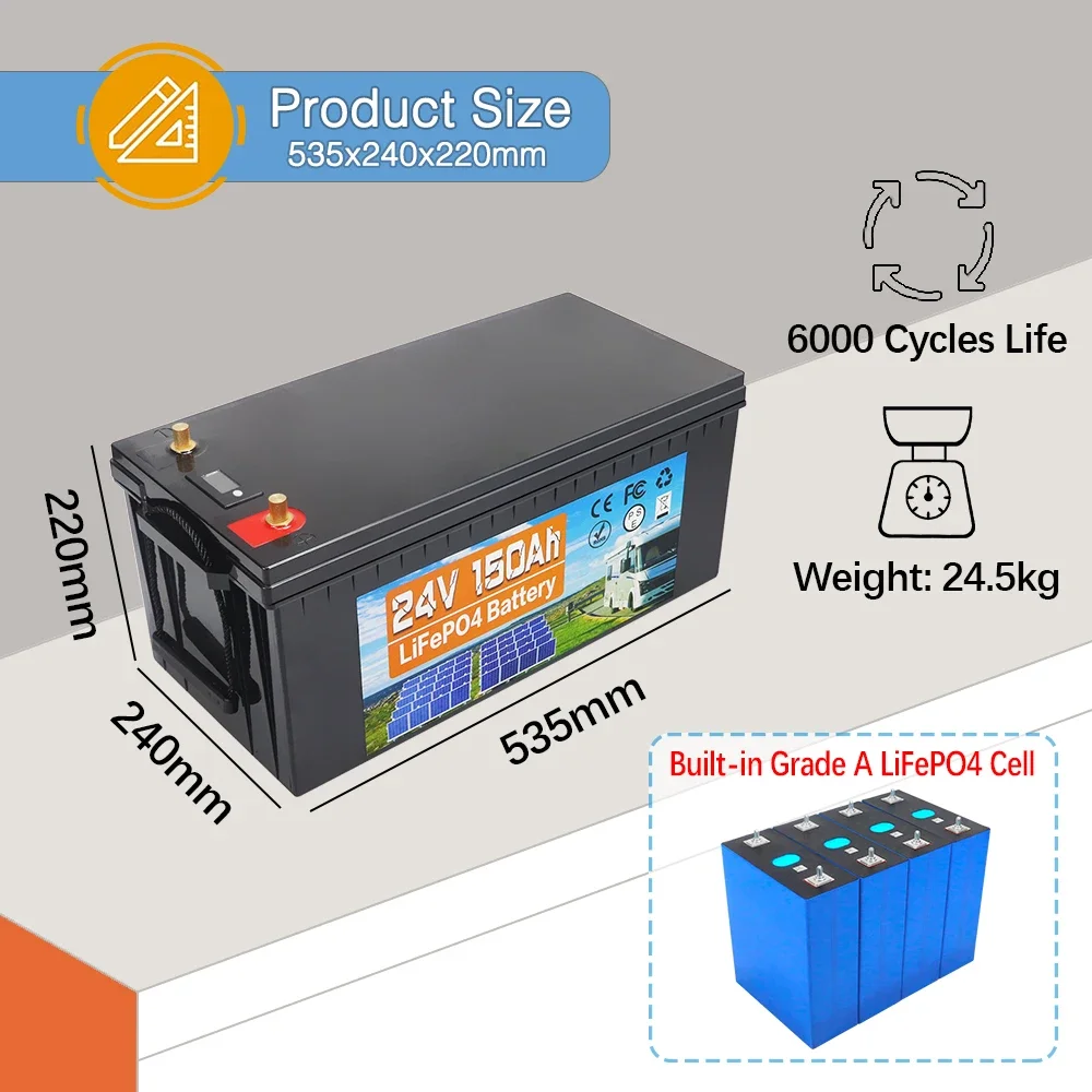 24V 150AH 100Ah LiFePo4 Battery Built-in BMS Lithium Iron Phosphate Cell Pack 6000 Cycle For RV Campers Golf Cart Solar Tax Free