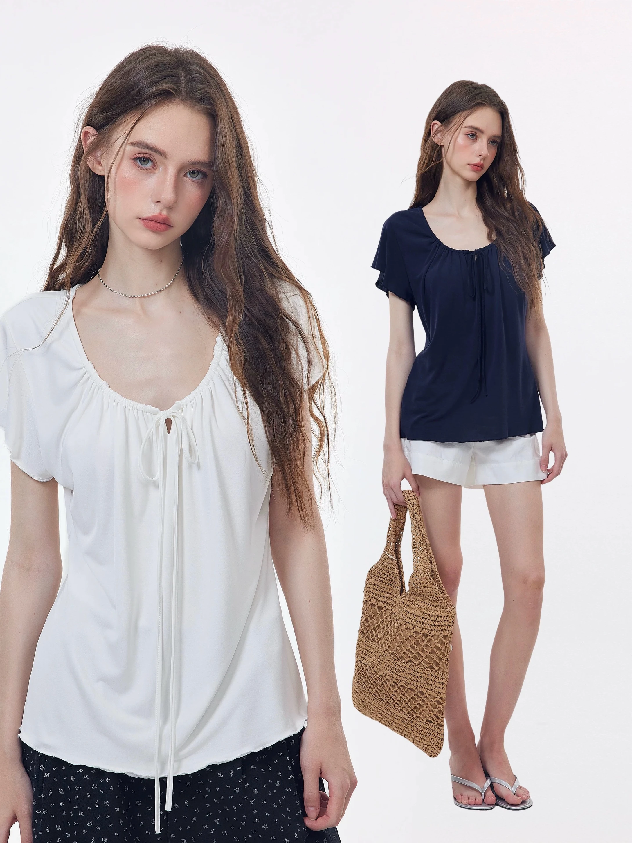 Korean Style Breathable Loose Women's T-Shirt Short Sleeve Gathered Waist Slimming Holiday Relaxing Gentle Knot T-Shirt