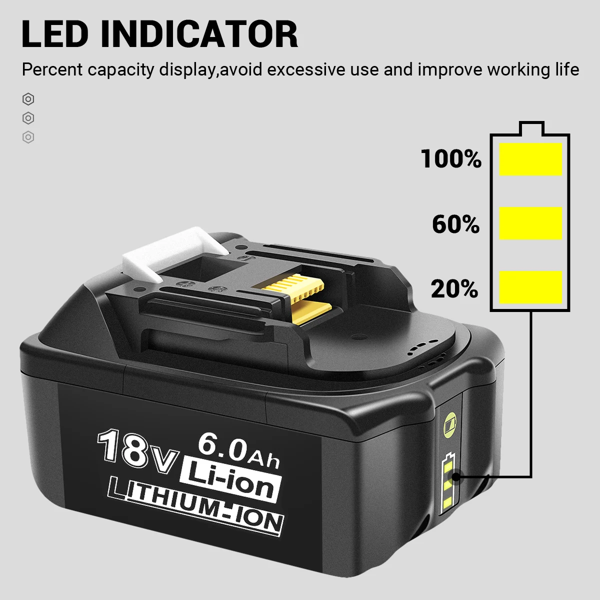 Drillpro-Batería de 18V para Makita, llave eléctrica con indicador de batería, herramienta eléctrica, 3,0/4,0/5,0/6.0ah, BL1830, BL1840