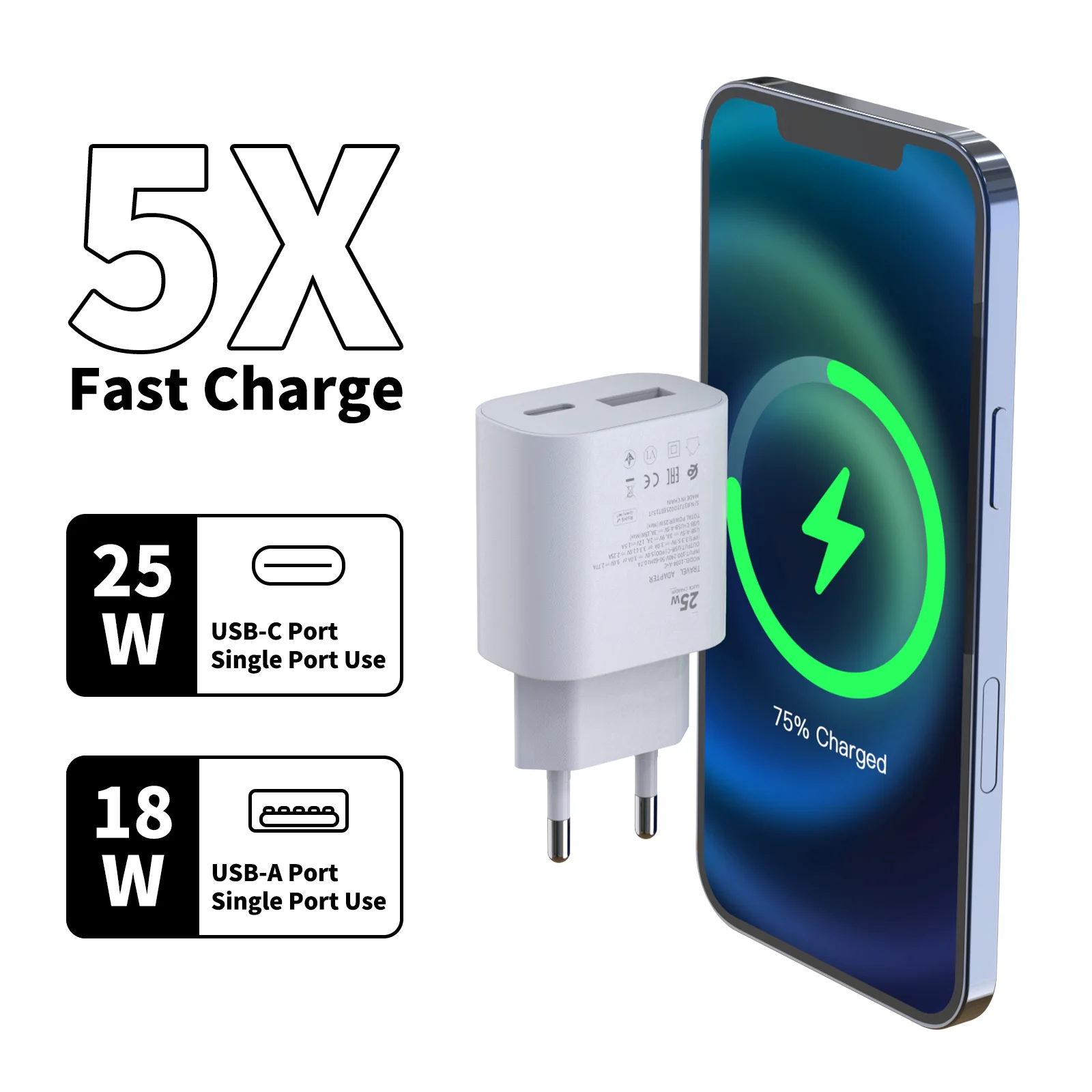 PD25W EU Dual Port USB C & USB A Wall Charger ,QC3.0 Fast Charger Adapter for iPhone Samsung Huawei Xiaomi iPad AirPods - náhled 5