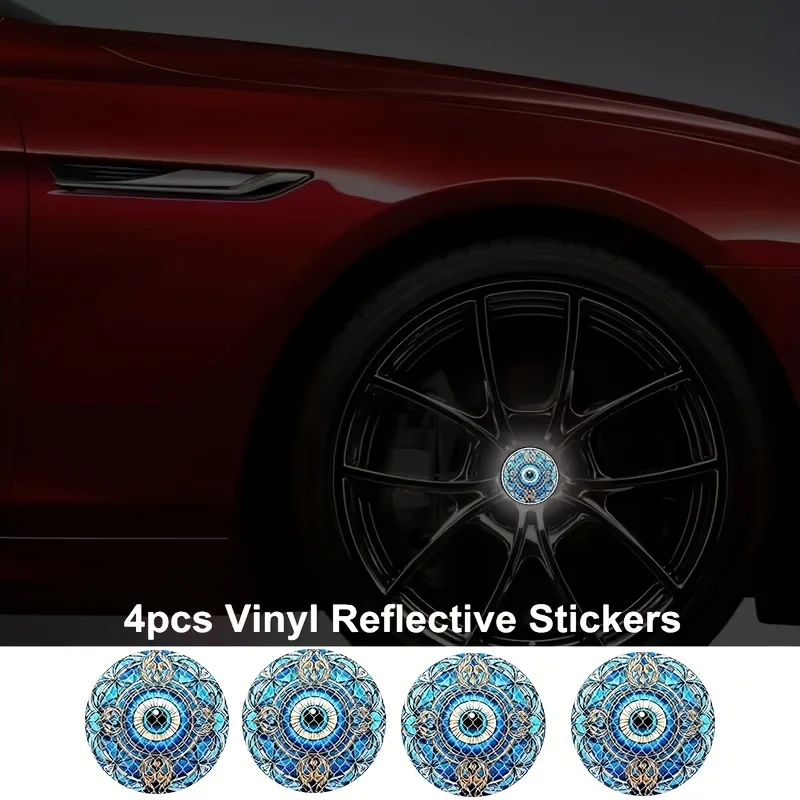 4Pcs Evil Eye Reflective Wheel Hub Stickers, Universal Vinyl Decals for Car Rim Center Cap Modification