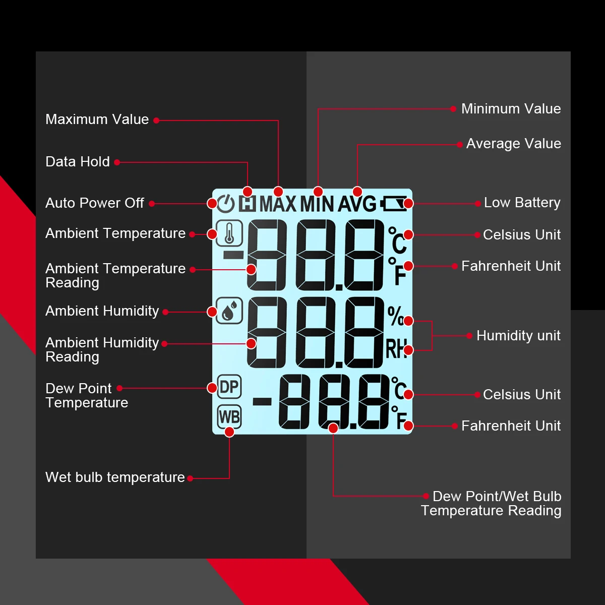 HABOTEST HT607 Digital Temperature Humidity Meter High Precision Digital Hygrometer with Ambient Dew Point Humidity Meter